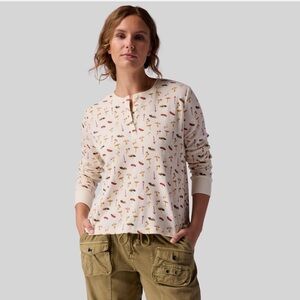 Stoic Wicking Waffle Mushrooms Long-Sleeve Henley Top Women's M Cozy Whimsical